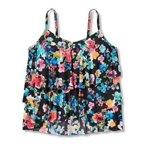 Aqua Green Women’s Tankini Swim Top black floral - UPF 50 angled tiered - size X